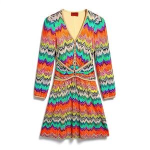 Missoni Italy Multicolor Zigzag Knit Long Sleeve Dress Rayon Silk Lined Small